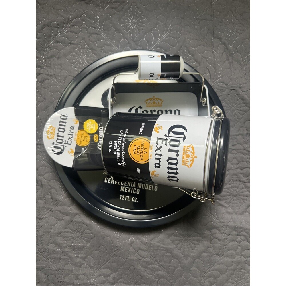 Corona Extra 4pc Set Tin Box Tray, Napkin Holder, Coasters & Storage Tin Barware